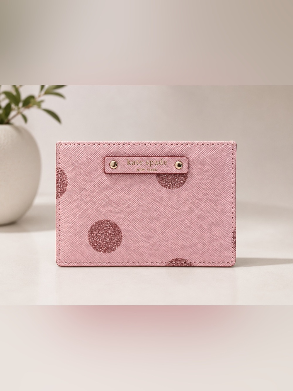 kate spade Pink Polka Dot Card Wallet with Glitter Accents
